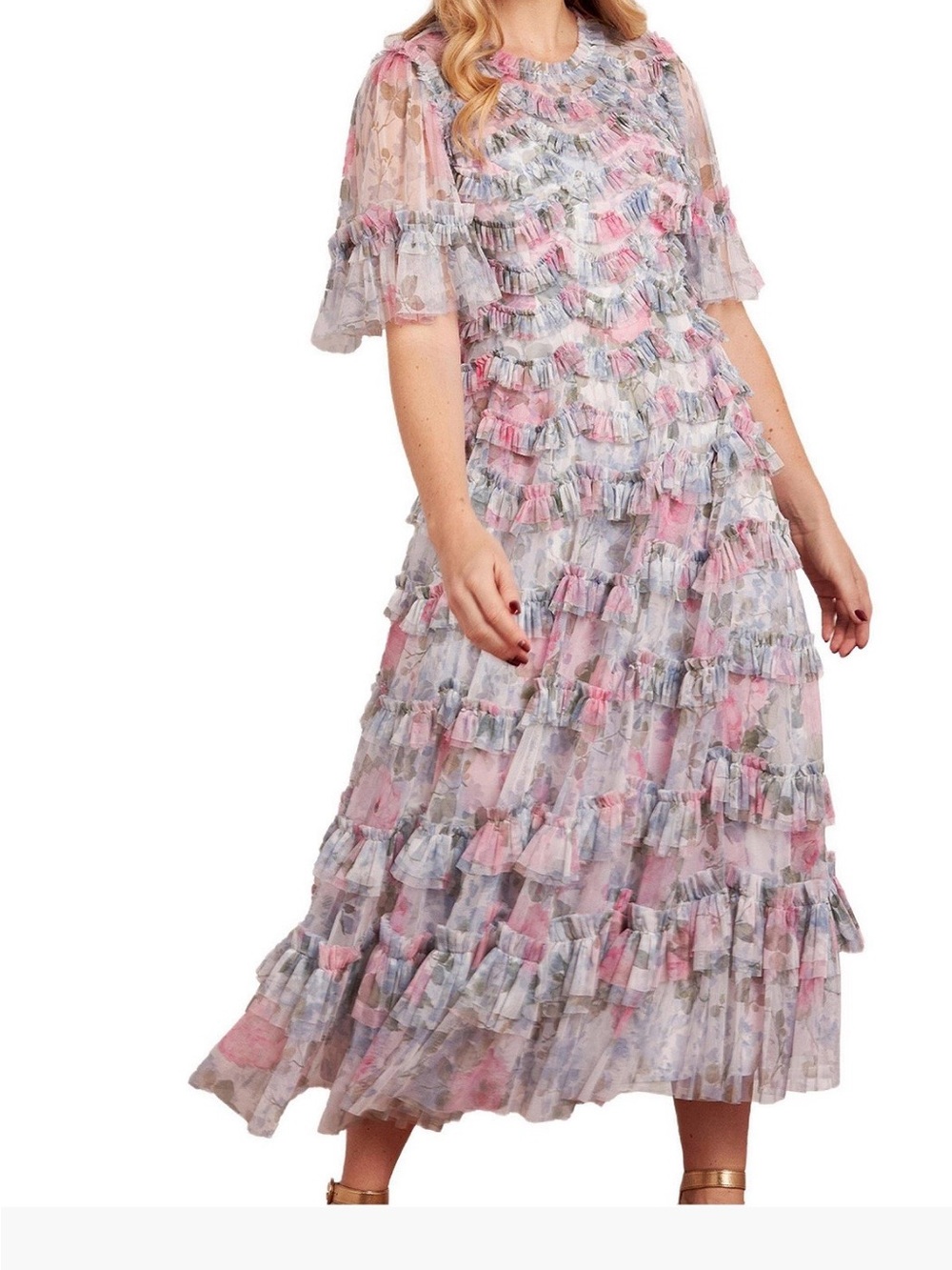 Needle & Thread Pastel Pink and Blue Ruffle Midi Dress